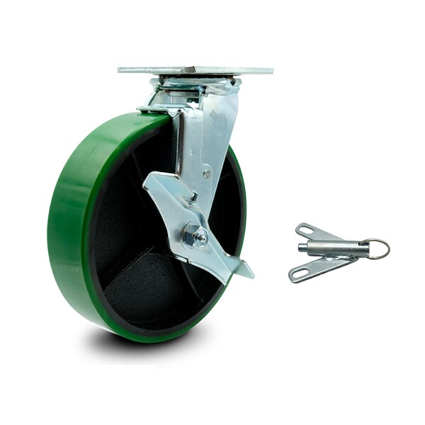 8 Inch Green Poly on Cast Iron Caster with Roller Bearing and Brake/Swivel Lock